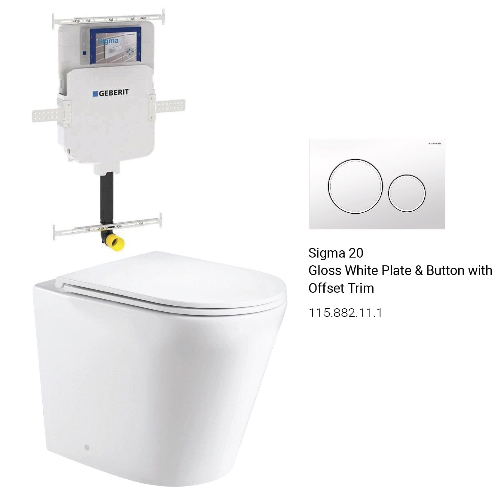 Yara58 Rimless Tornado Floor Mount Toilet Package - Geberit Sigma 8 Cistern & Round Button Toilets Arova Gloss white plate & button with offset trim