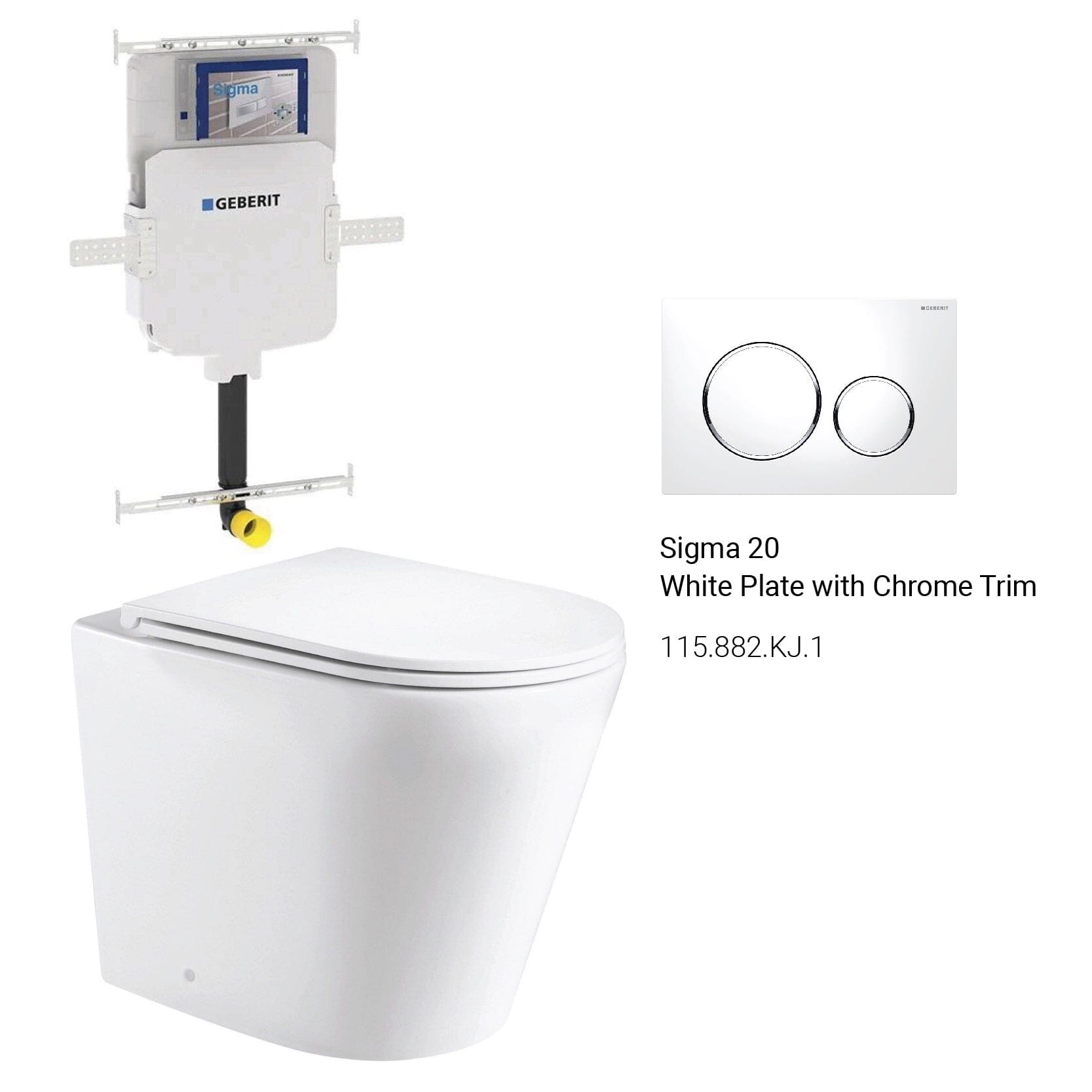 Yara58 Rimless Tornado Floor Mount Toilet Package - Geberit Sigma 8 Cistern & Round Button Toilets Arova White plate with chrome trim