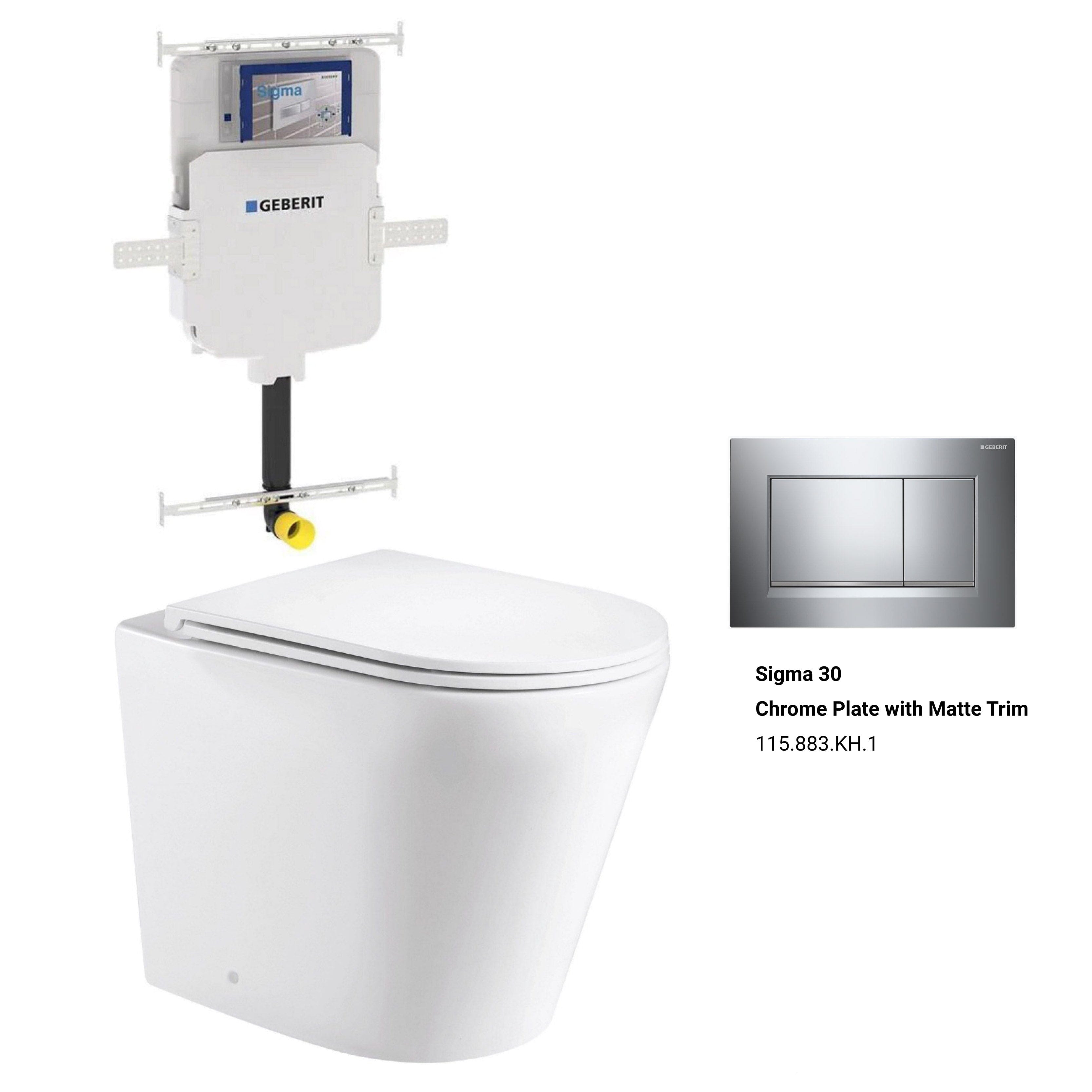 Yara58 Rimless Tornado Floor Mount Toilet Package - Geberit Sigma 8 Cistern & Square Button Toilets Arova Geberit Sigma 8 In Wall Toilet cistern-109.795.00.1 Sigma 30 Chrome Plate with Matte Trim-115.883.KH.1
