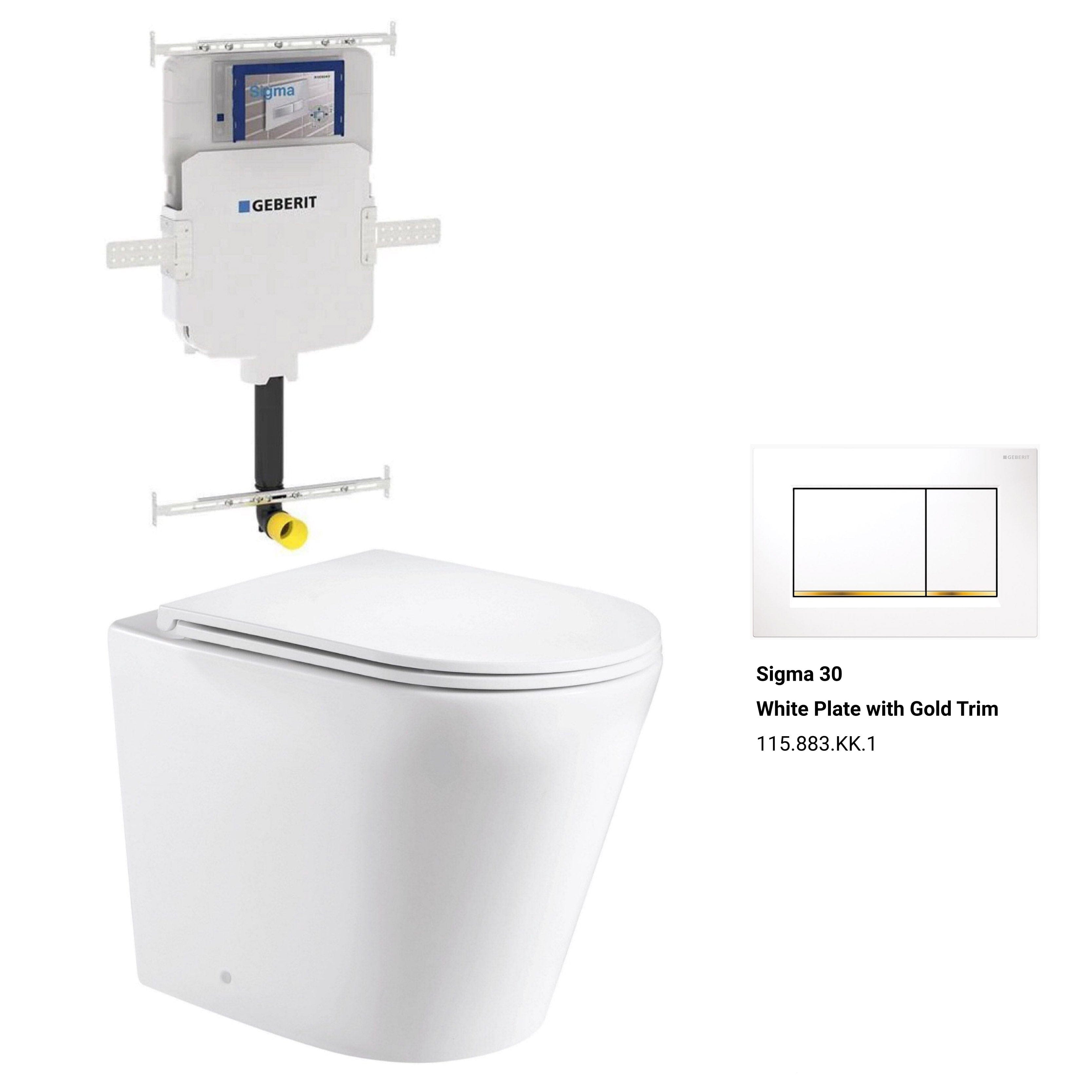 Yara58 Rimless Tornado Floor Mount Toilet Package - Geberit Sigma 8 Cistern & Square Button Toilets Arova Geberit Sigma 8 In Wall Toilet cistern-109.795.00.1 Sigma 30 White Plate with Gold Trim-115.883.KK.1