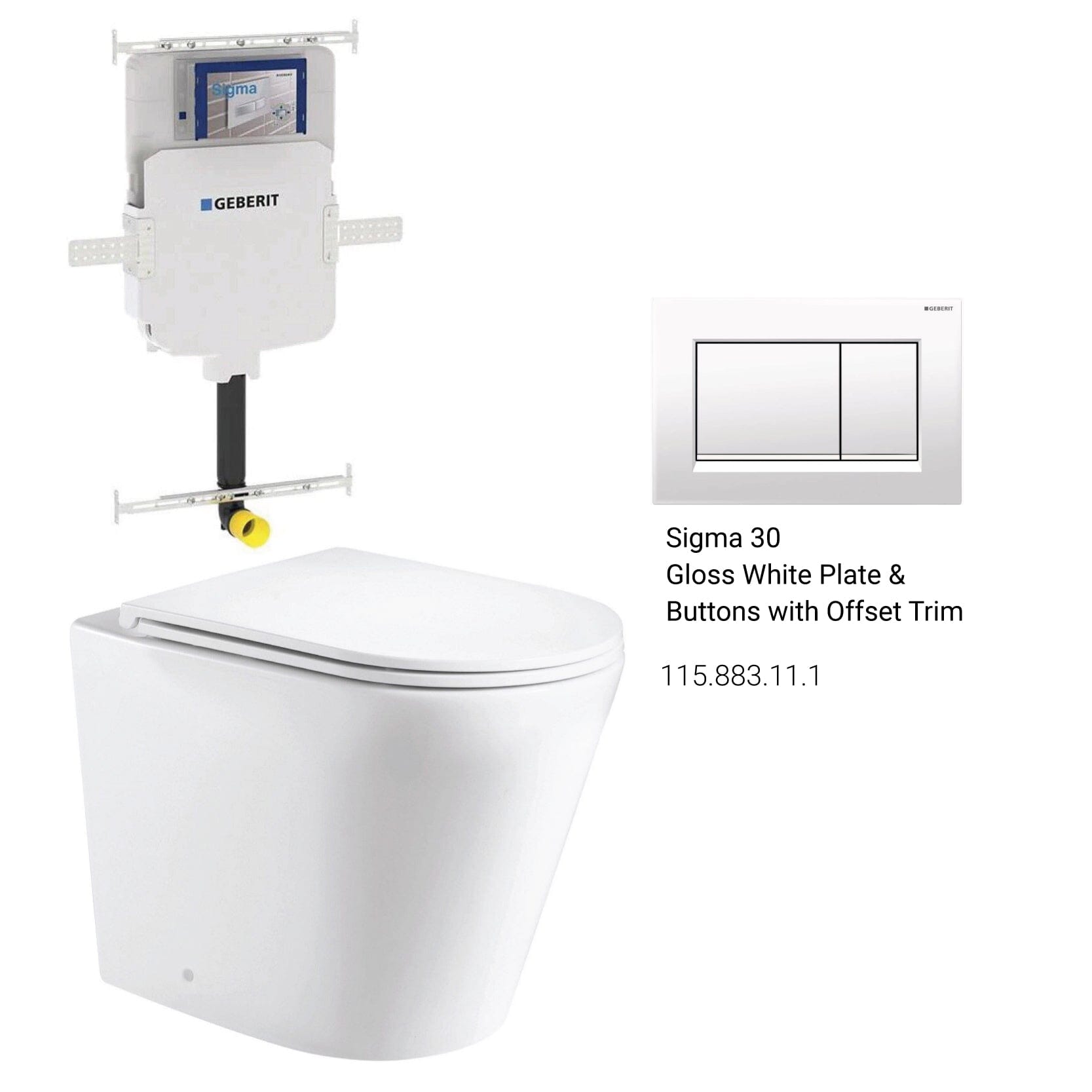 Yara58 Rimless Tornado Toilet Package - Geberit Sigma 8 Cistern & Square Button Toilets Arova Gloss white plate & buttons with offset trim