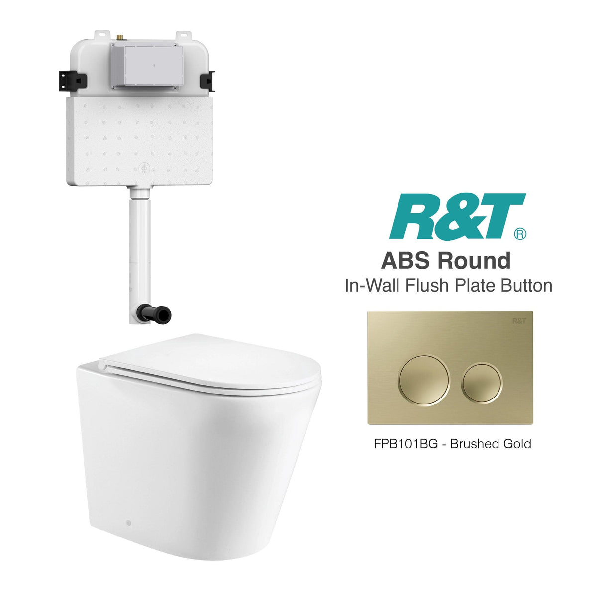 Yara58 Rimless Tornado Toilet Package - R&T Cistern & ABS Round Button Arova Yara58 CST001 - R&T In Wall Toilet Cistern Brushed Gold