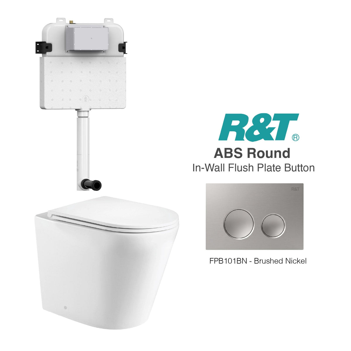Yara58 Rimless Tornado Toilet Package - R&T Cistern & ABS Round Button Arova Yara58 CST001 - R&T In Wall Toilet Cistern Brushed Nickel