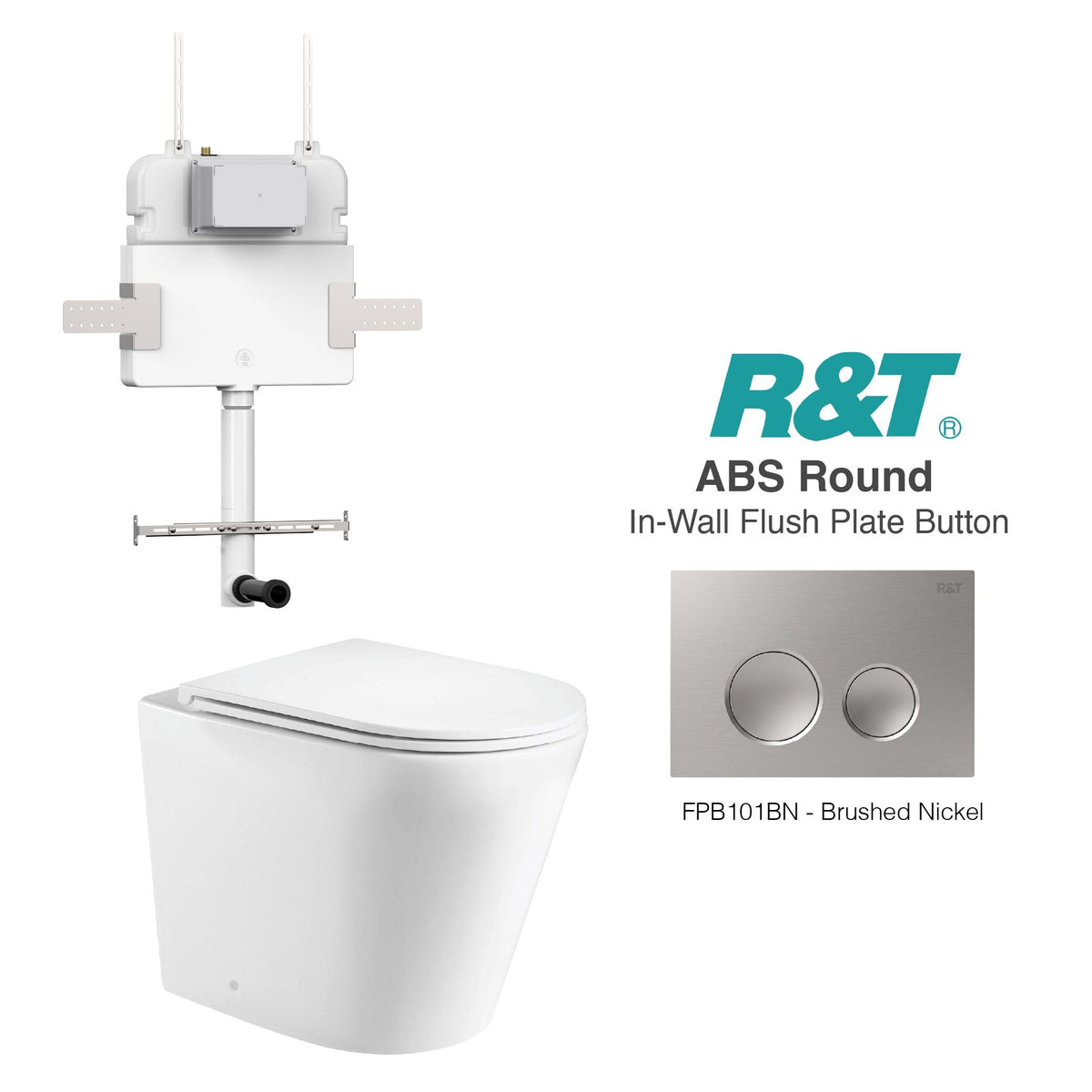 Yara58 Rimless Tornado Toilet Package - R&T Cistern & ABS Round Button Arova Yara58 CST002 – Upgraded Reinforced R&T In-Wall Toilet Cistern Brushed Nickel