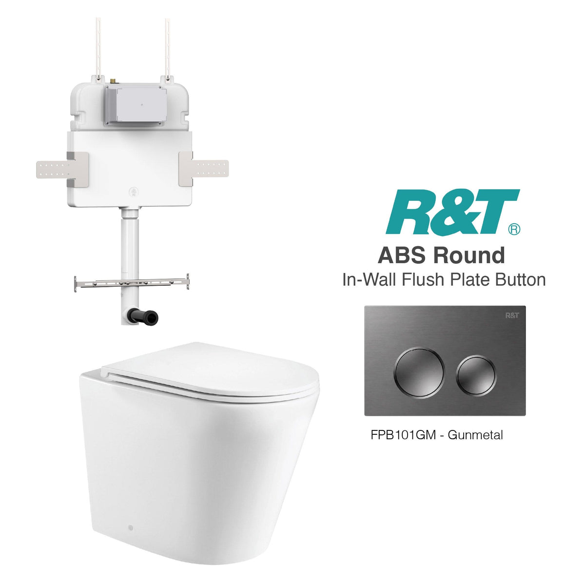 Yara58 Rimless Tornado Toilet Package - R&T Cistern & ABS Round Button Arova Yara58 CST002 – Upgraded Reinforced R&T In-Wall Toilet Cistern Gunmetal