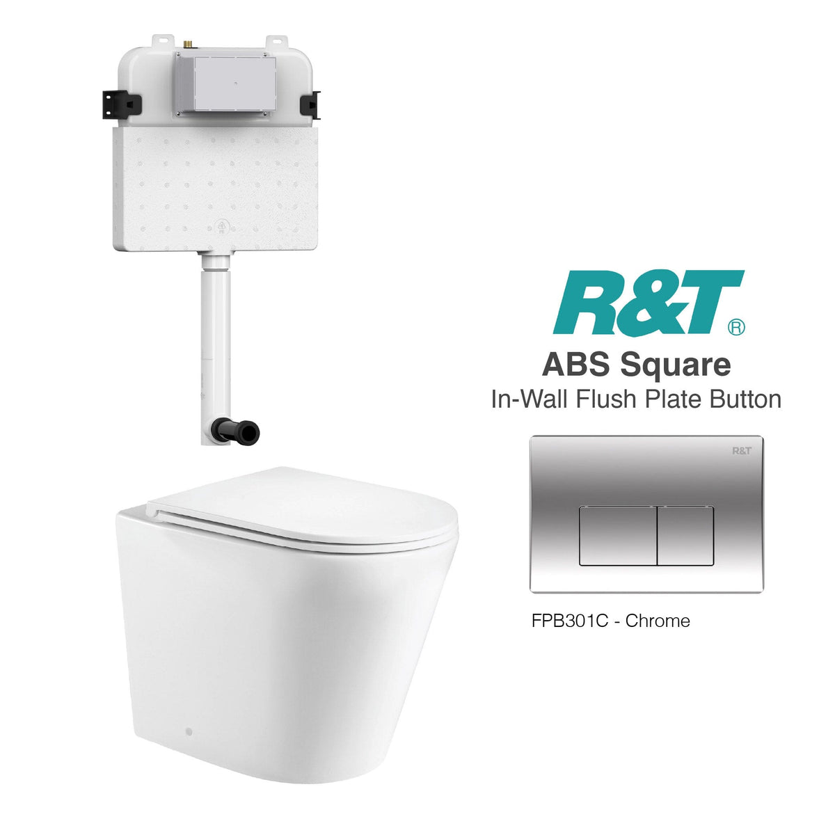 Yara58 Rimless Tornado Toilet Package - R&T Cistern & ABS Square Button Arova Yara58 CST001 - R&T In Wall Toilet Cistern Chrome