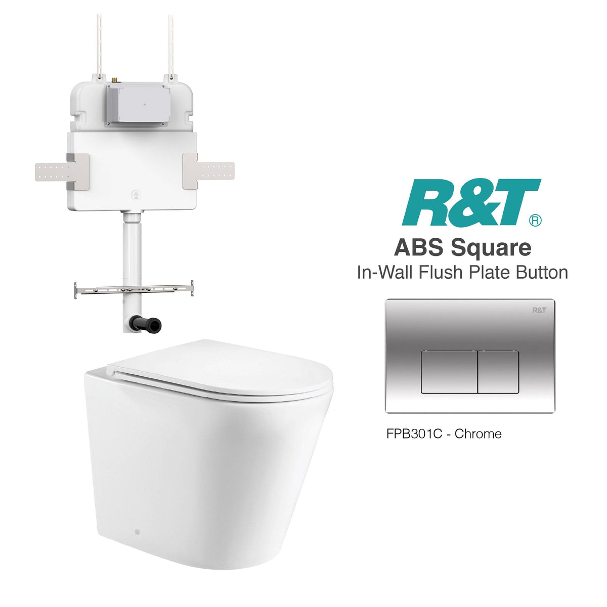 Yara58 Rimless Tornado Toilet Package - R&T Cistern & ABS Square Button Arova Yara58 CST002 – Upgraded Reinforced R&T In-Wall Toilet Cistern Chrome