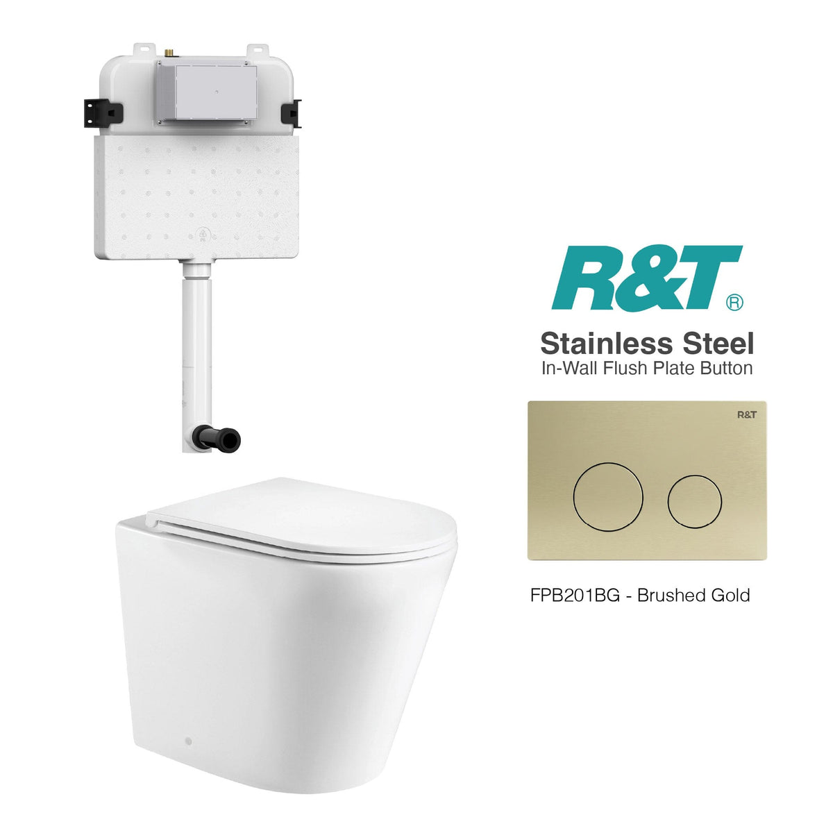 Yara58 Rimless Tornado Toilet Package - R&T Cistern & Stainless Steel Button Arova Yara58 CST001 - R&T In Wall Toilet Cistern Brushed Gold