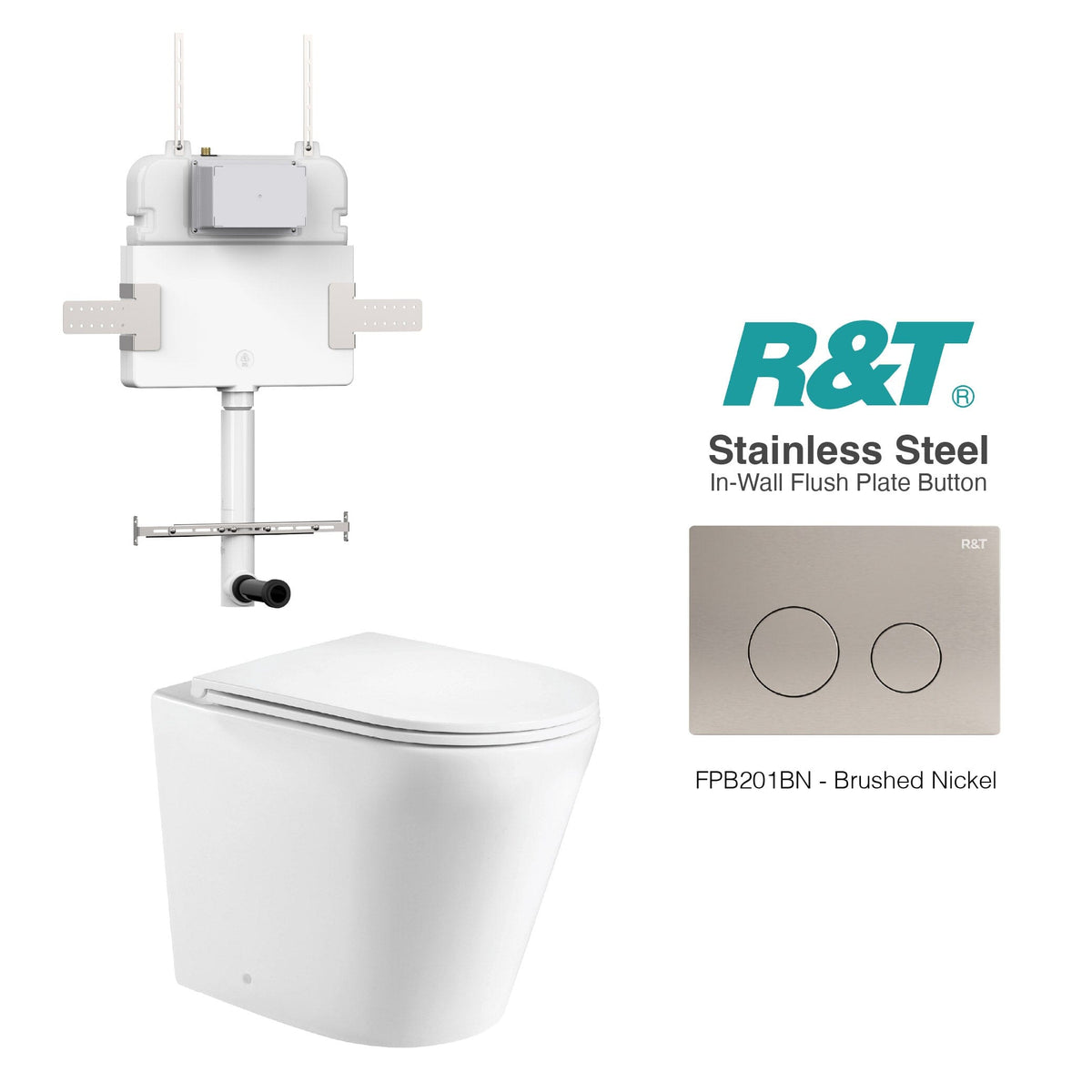 Yara58 Rimless Tornado Toilet Package - R&T Cistern & Stainless Steel Button Arova Yara58 CST002 – Upgraded Reinforced R&T In-Wall Toilet Cistern Brushed Nickel