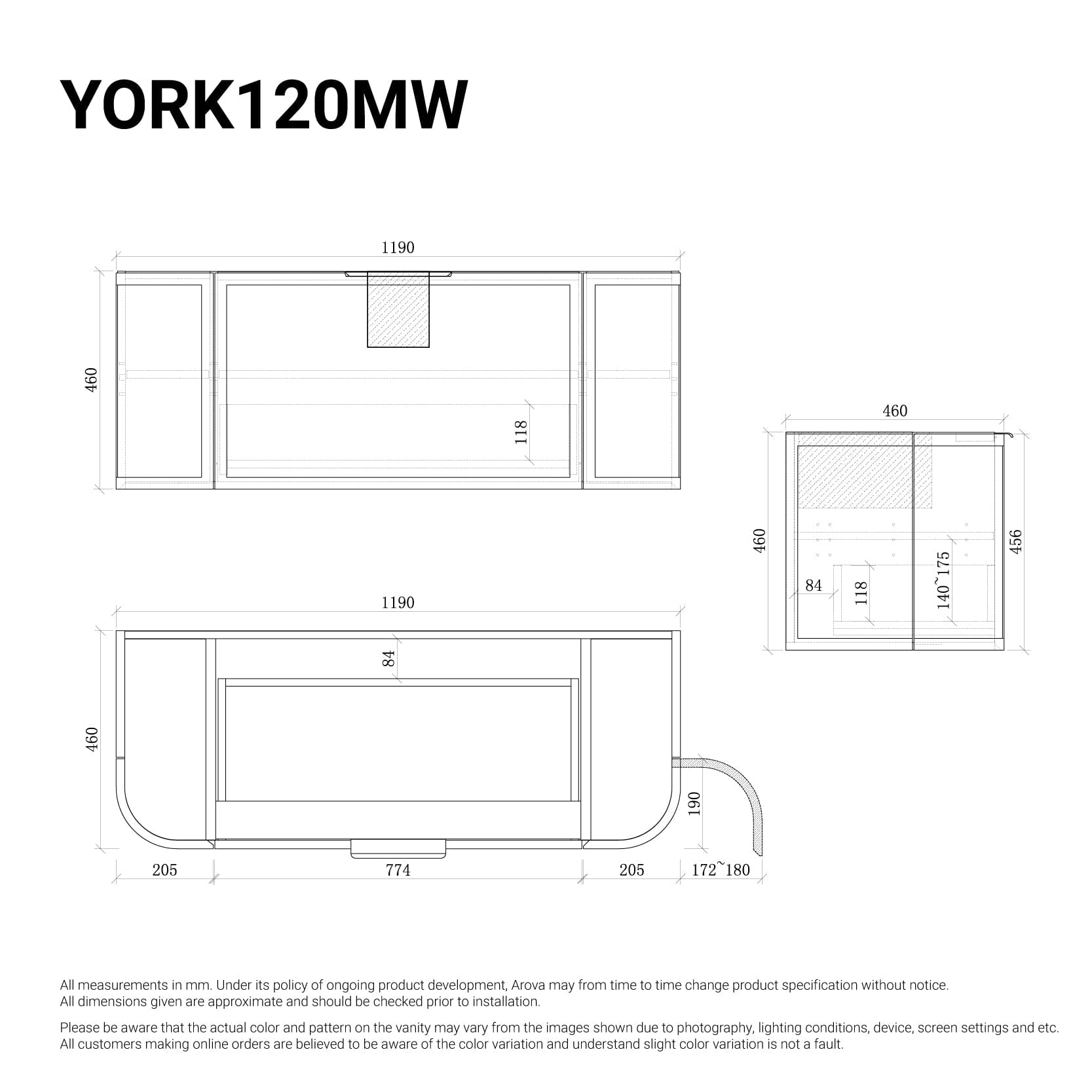 York 1200mm Curved Wall Hung Vanity Matte White Vanities Arova
