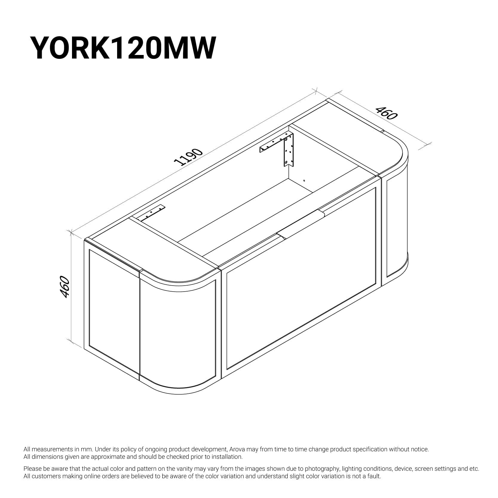York 1200mm Curved Wall Hung Vanity Matte White Vanities Arova