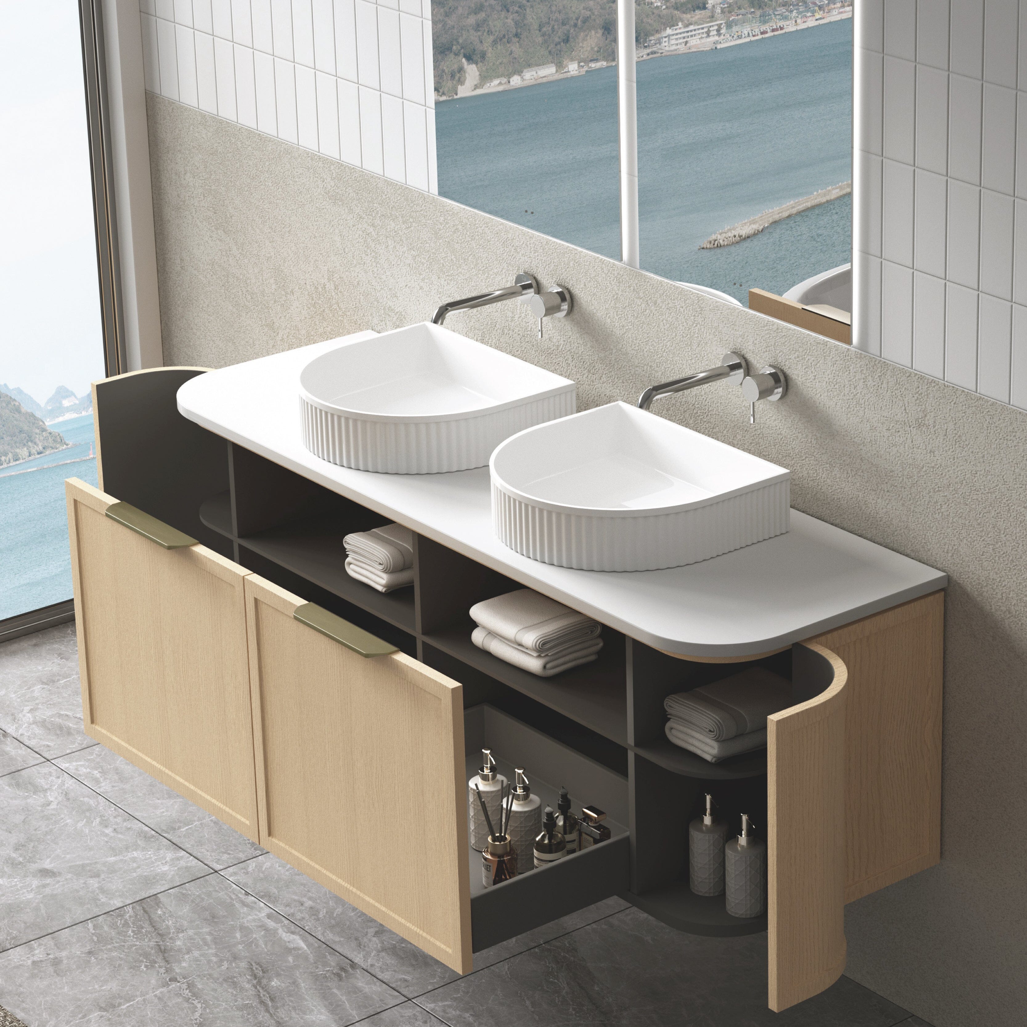 York 1500mm Curved Wall Hung Timber Vanity + Luxe Stone Top Arova