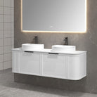 York 1500mm Curved Wall Hung Vanity Matte White Double Bowls Vanities Arova