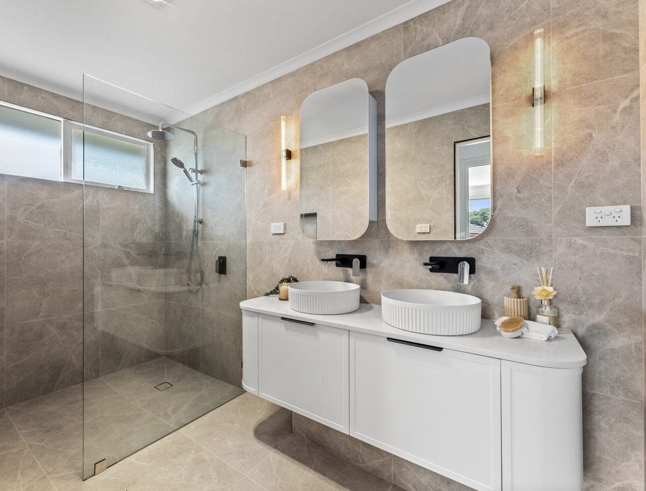 York 1500mm Curved Wall Hung Vanity Matte White Double Bowls Vanities Arova