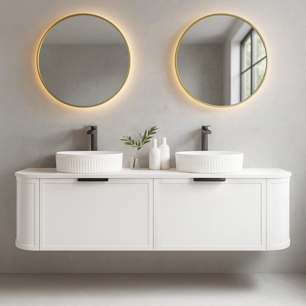York 1500mm Curved Wall Hung Vanity Matte White Double Bowls Vanities Arova