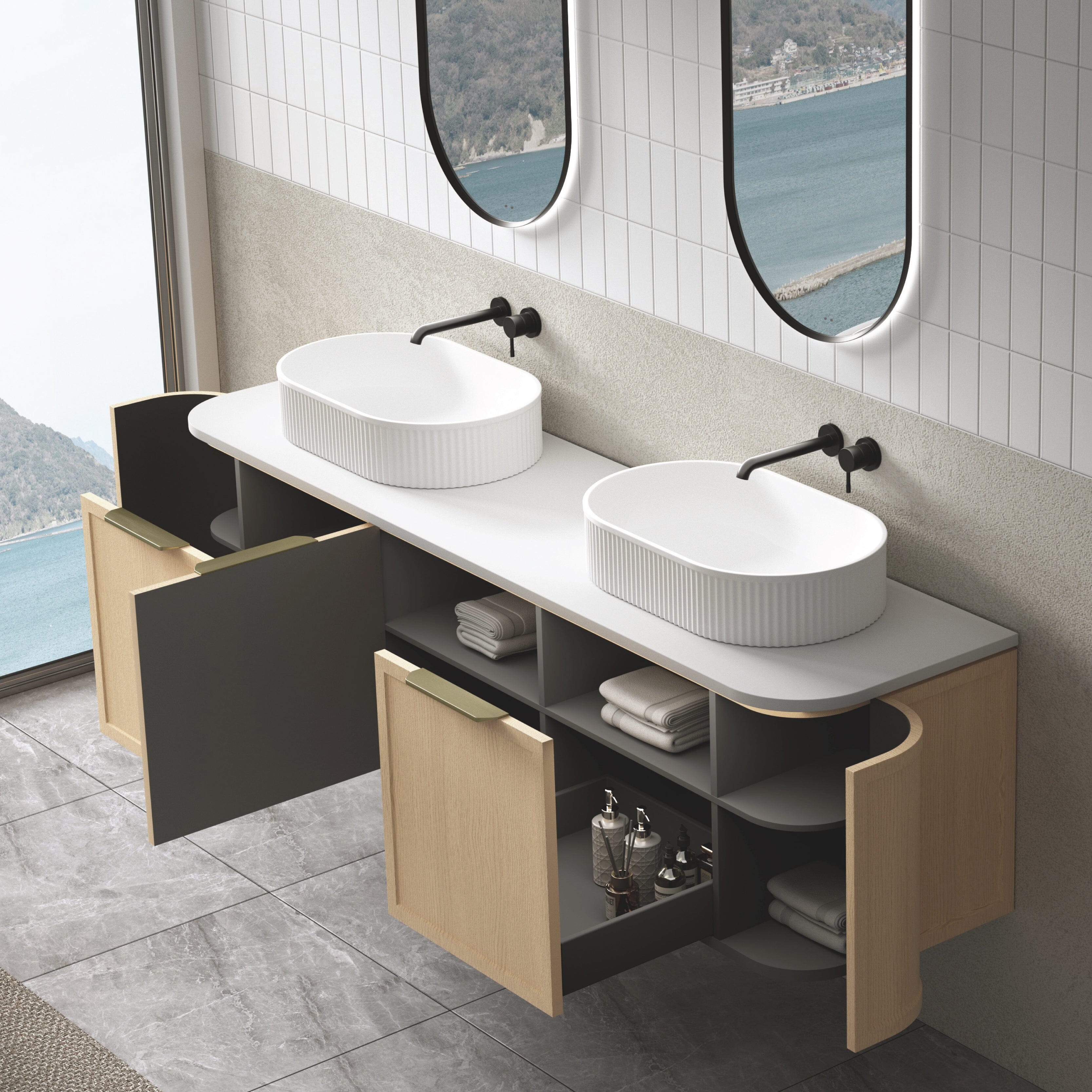 York 1800mm Curved Wall Hung Bathroom Vanity Timber Vanities Arova