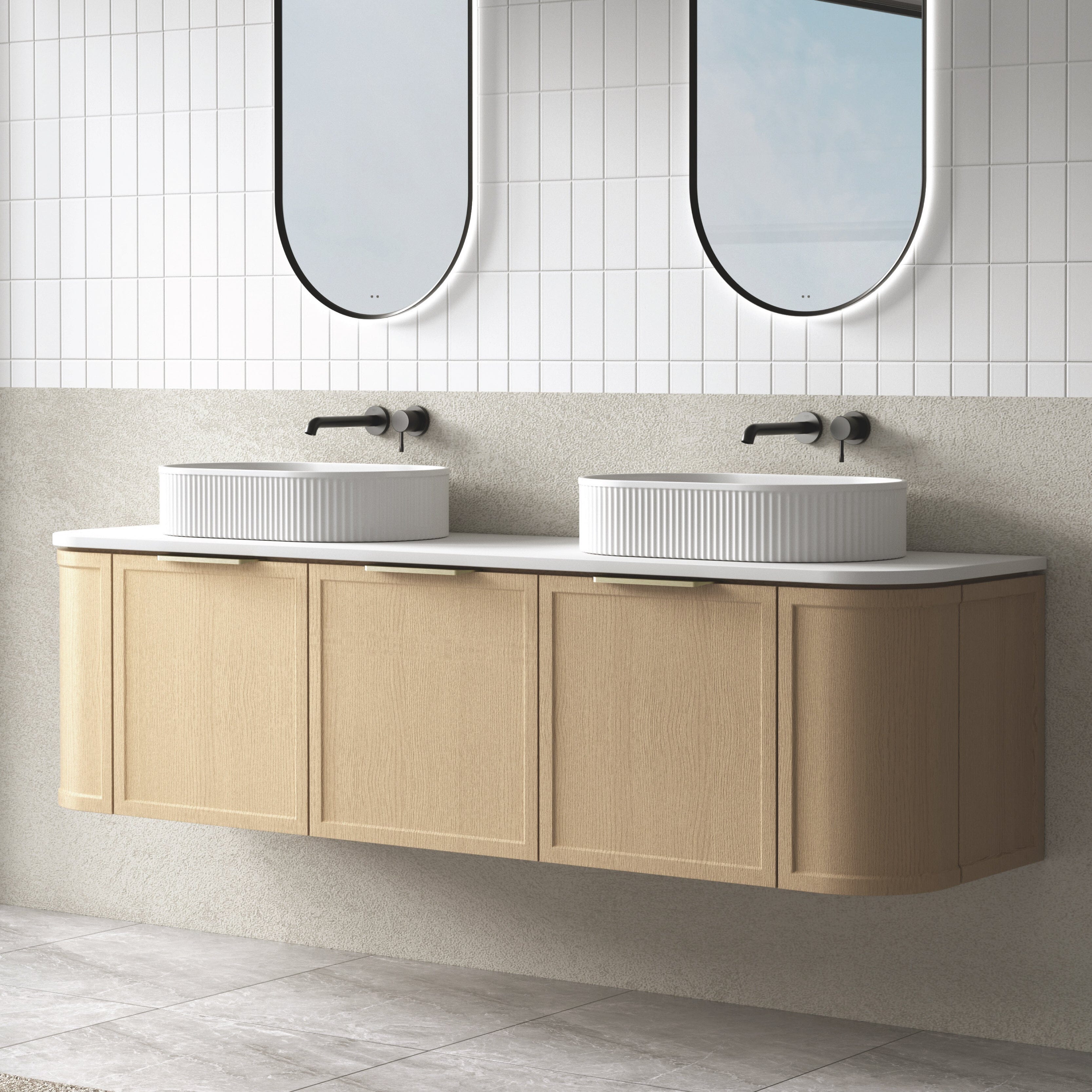 York 1800mm Curved Wall Hung Timber Vanity + Luxe Stone Top Arova