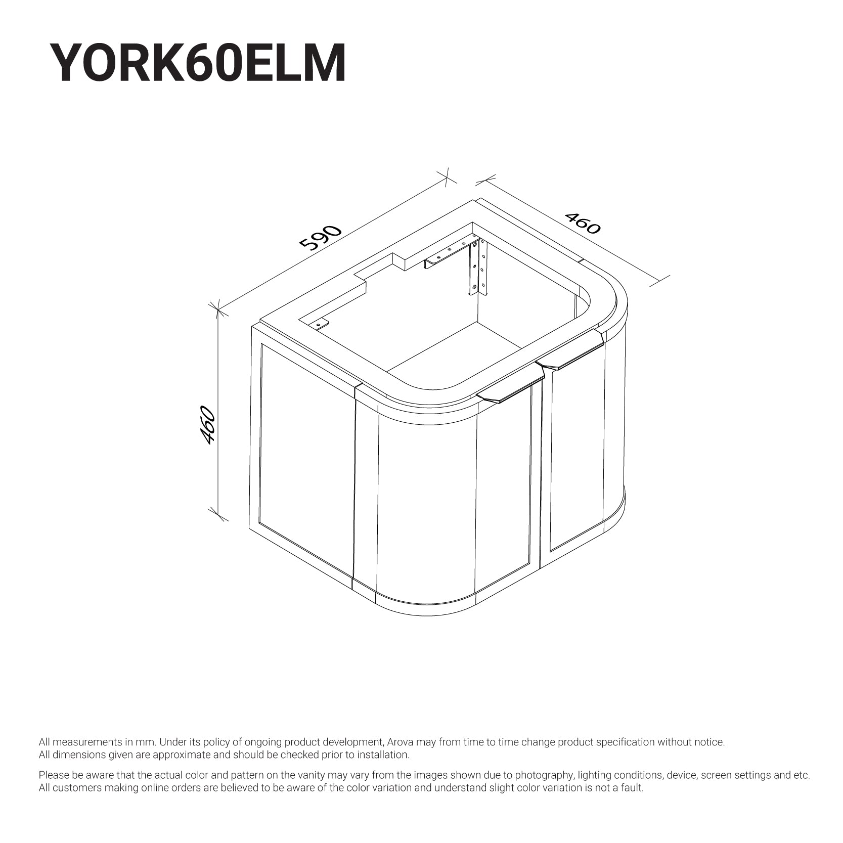 York 600mm Curved Wall Hung Timber Vanity + Luxe Stone Top Arova