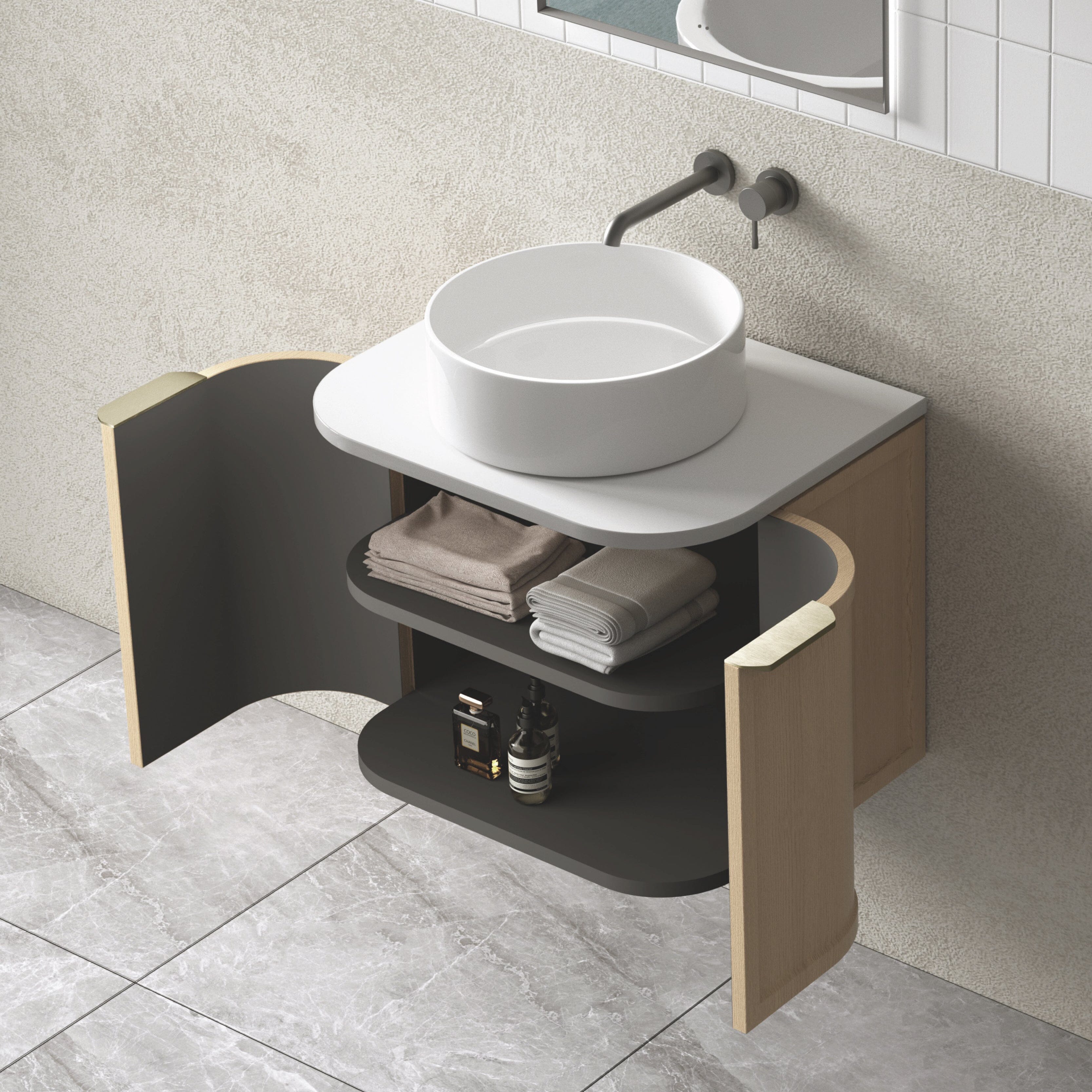 York 600mm Curved Wall Hung Timber Vanity + Luxe Stone Top Arova