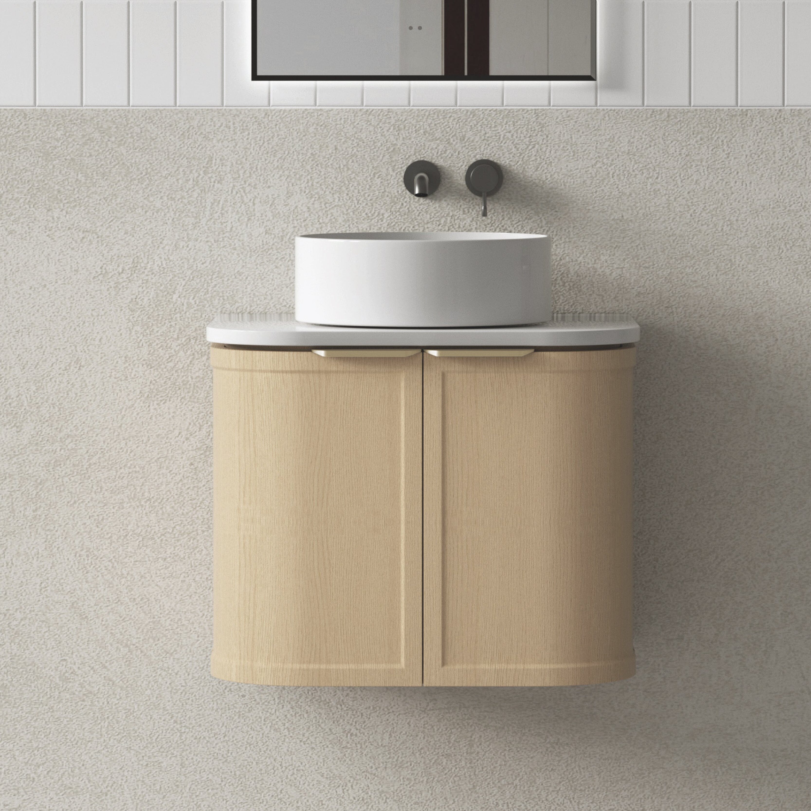 York 600mm Curved Wall Hung Timber Vanity + Luxe Stone Top Arova