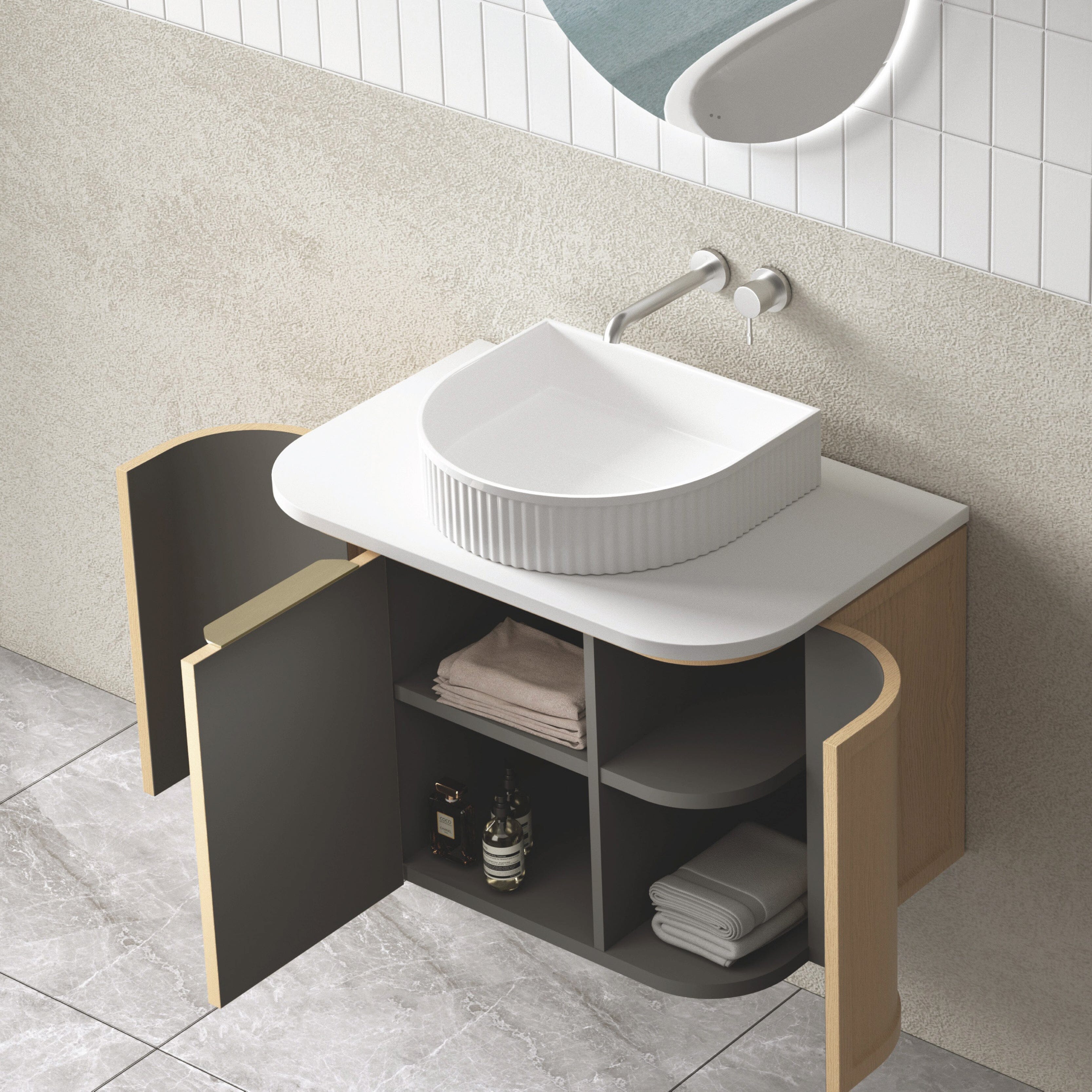 York 750mm Curved Wall Hung Bathroom Vanity Timber Vanities Arova