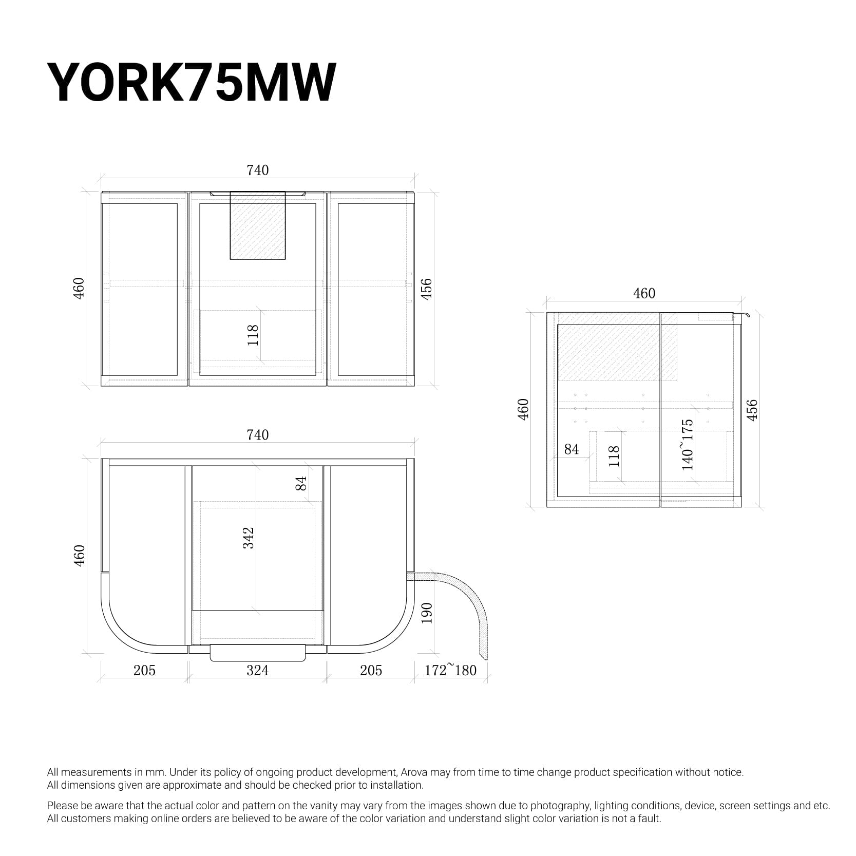York 750mm Curved Wall Hung Vanity Matte White Vanities Arova