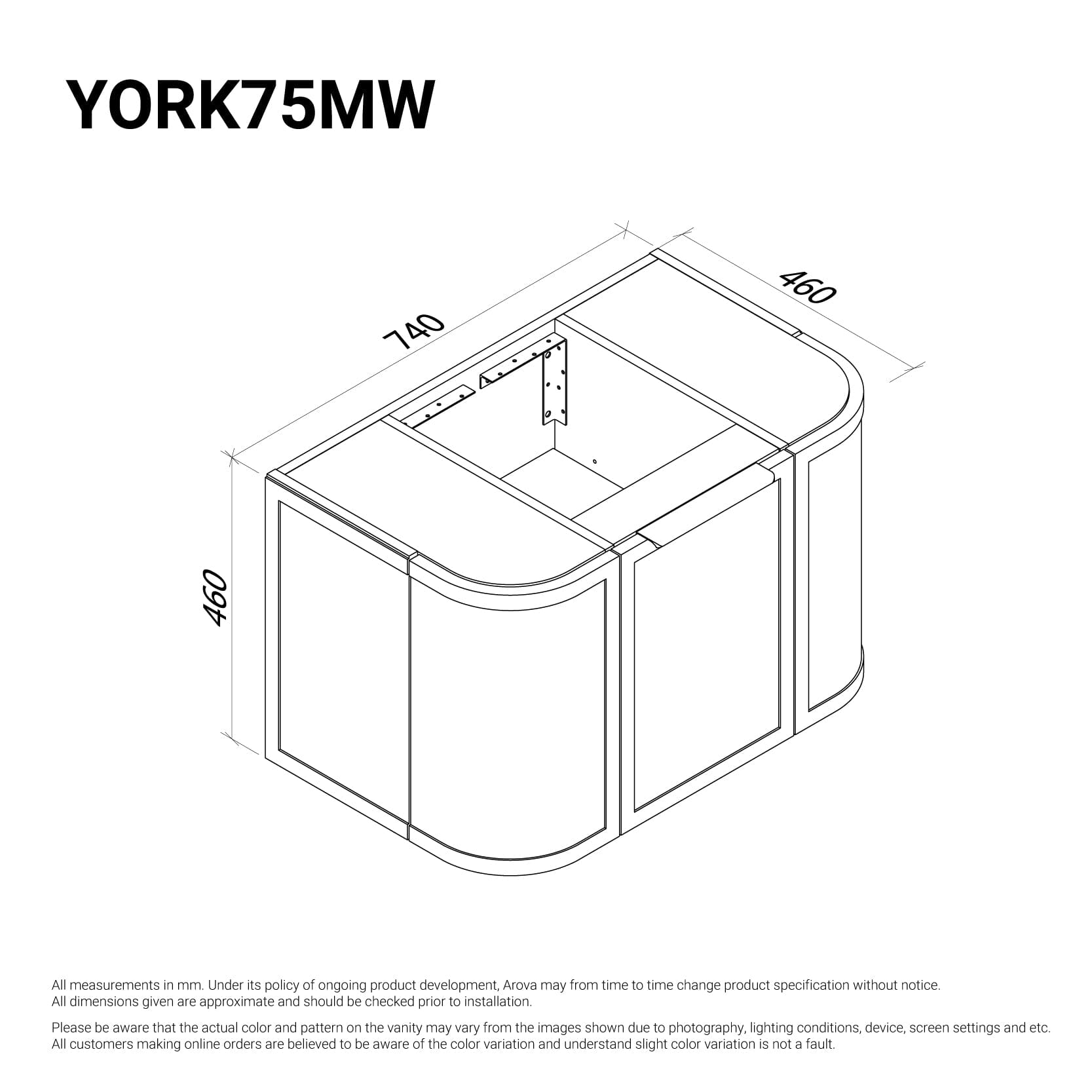 York 750mm Curved Wall Hung Vanity Matte White Vanities Arova