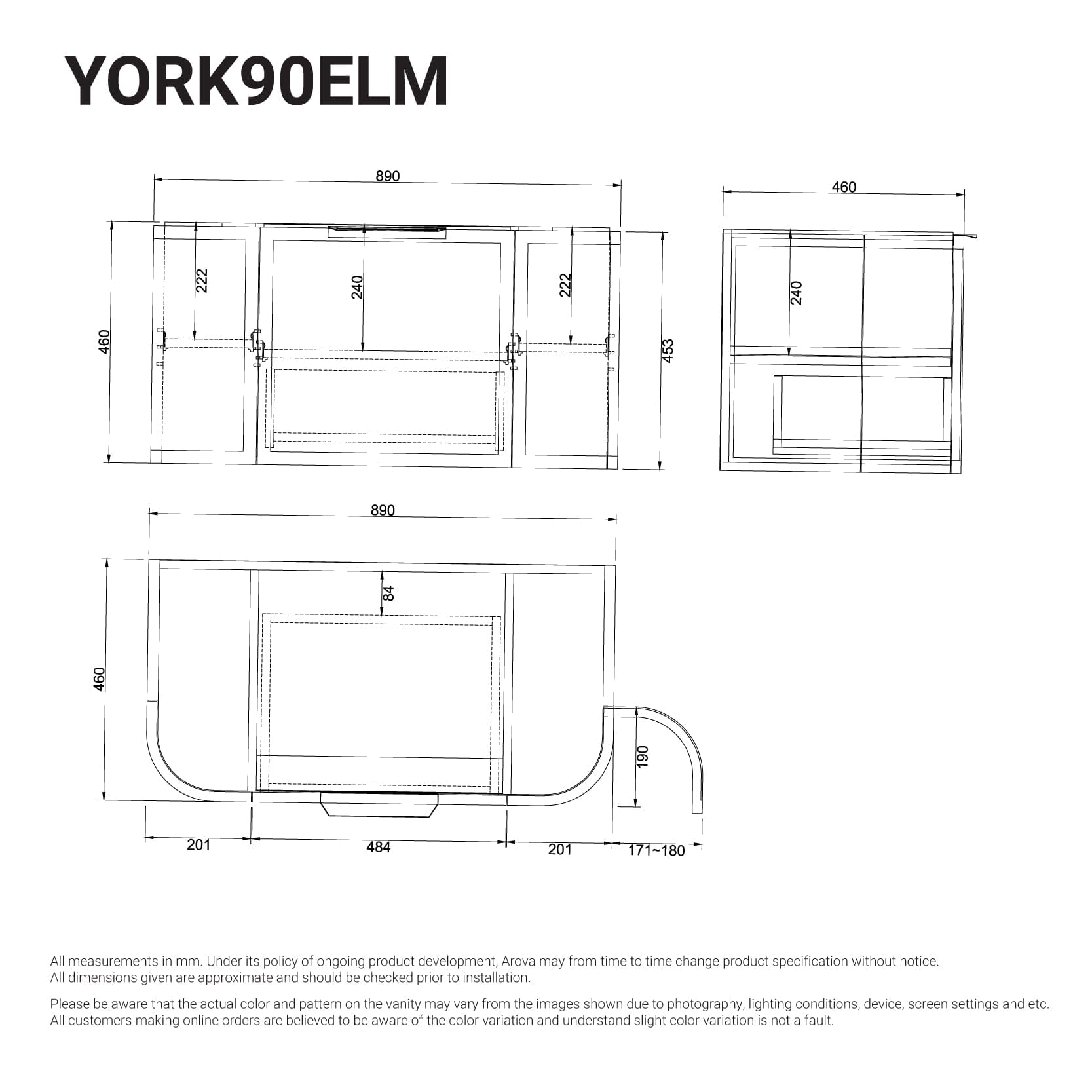 York 900mm Curved Wall Hung Timber Vanity + Luxe Stone Top Arova