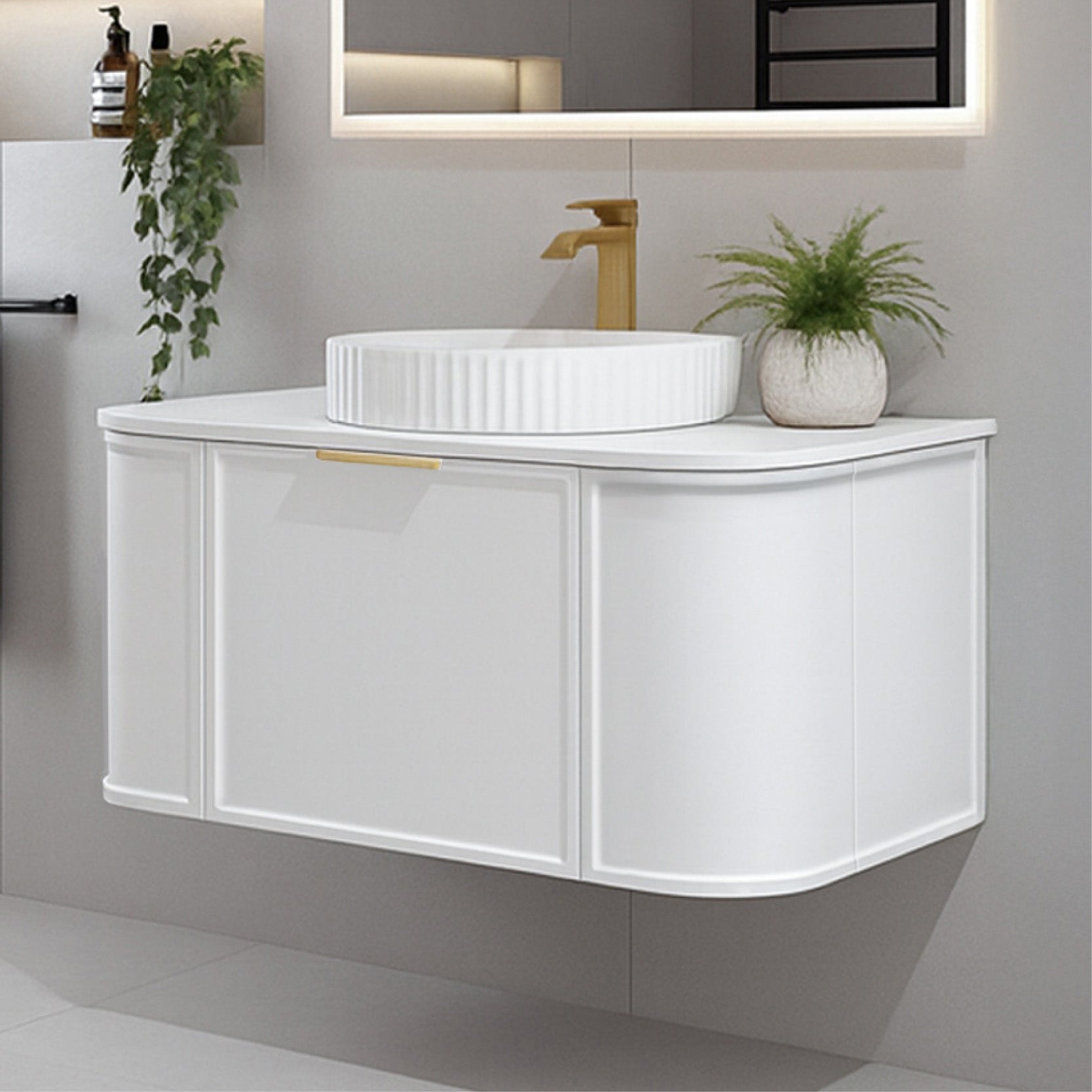 York 900mm Curved Wall Hung Vanity Matte White Vanities Arova
