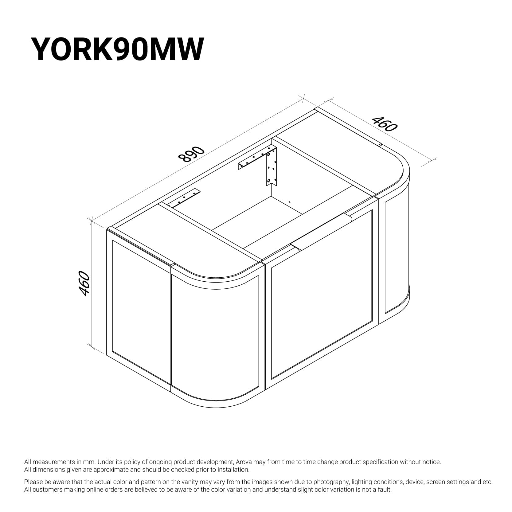 York 900mm Curved Wall Hung Vanity Matte White Vanities Arova