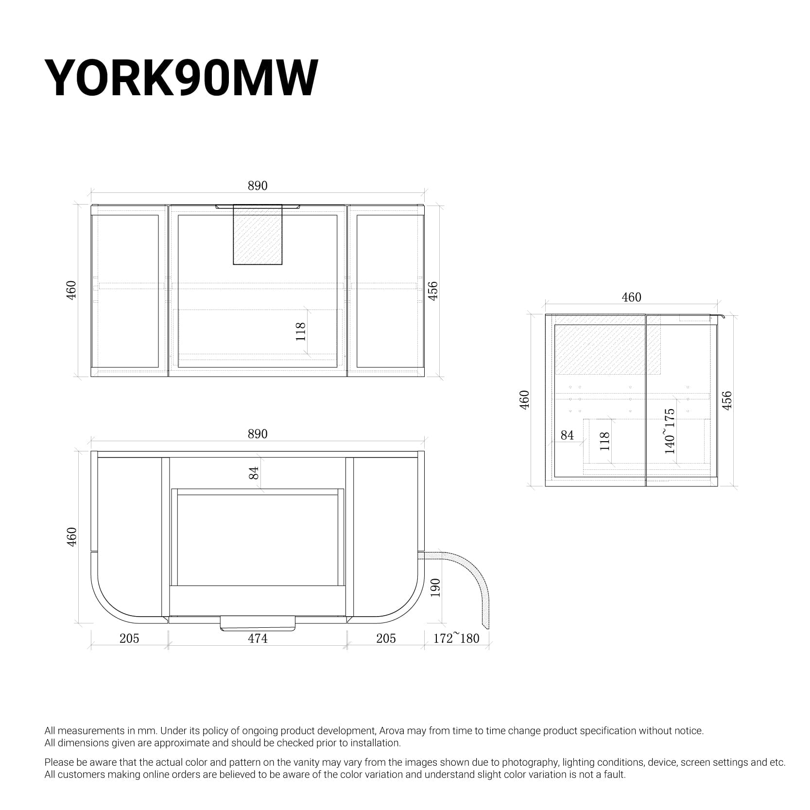 York 900mm Curved Wall Hung Vanity Matte White Vanities Arova