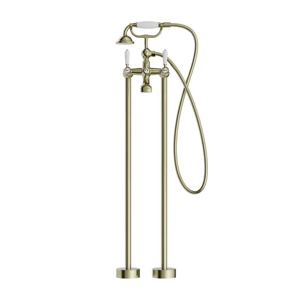YORK FREESTANDING BATH SET WITH WHITE PORCELAIN HAND SHOWER AGED BRASS NR692103a01AB Tapware Nero