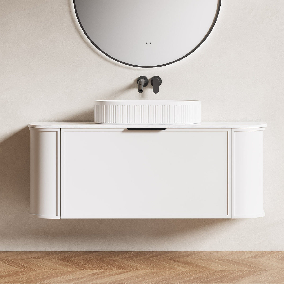 York Ⅱ 1200mm Curved Wall Hung Vanity Matte White + Eira Stone Top Arova