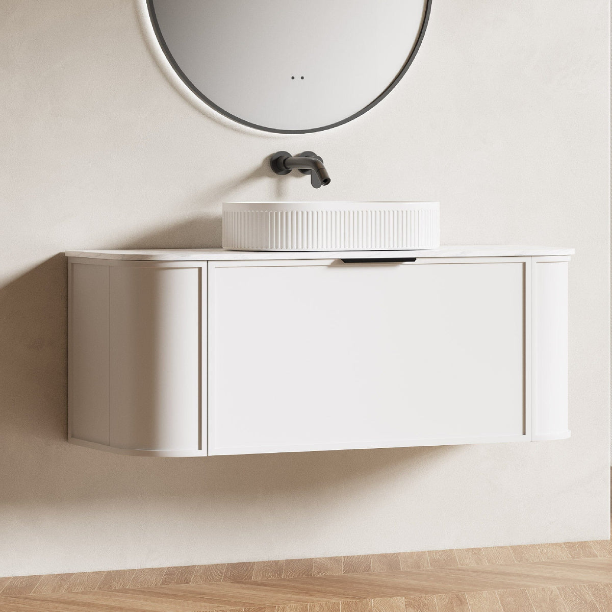 York Ⅱ 1200mm Curved Wall Hung Vanity Matte White + Luxe Stone Top Arova