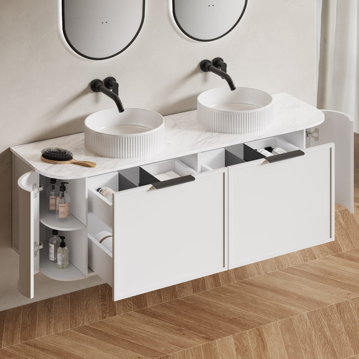 York Ⅱ 1500mm Curved Wall Hung Vanity Matte White Double Bowls + Eira Stone Top Arova