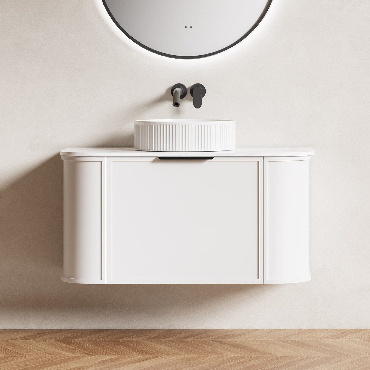 York Ⅱ 900mm Curved Wall Hung Vanity Matte White + Natural Carrara Marble Top Arova