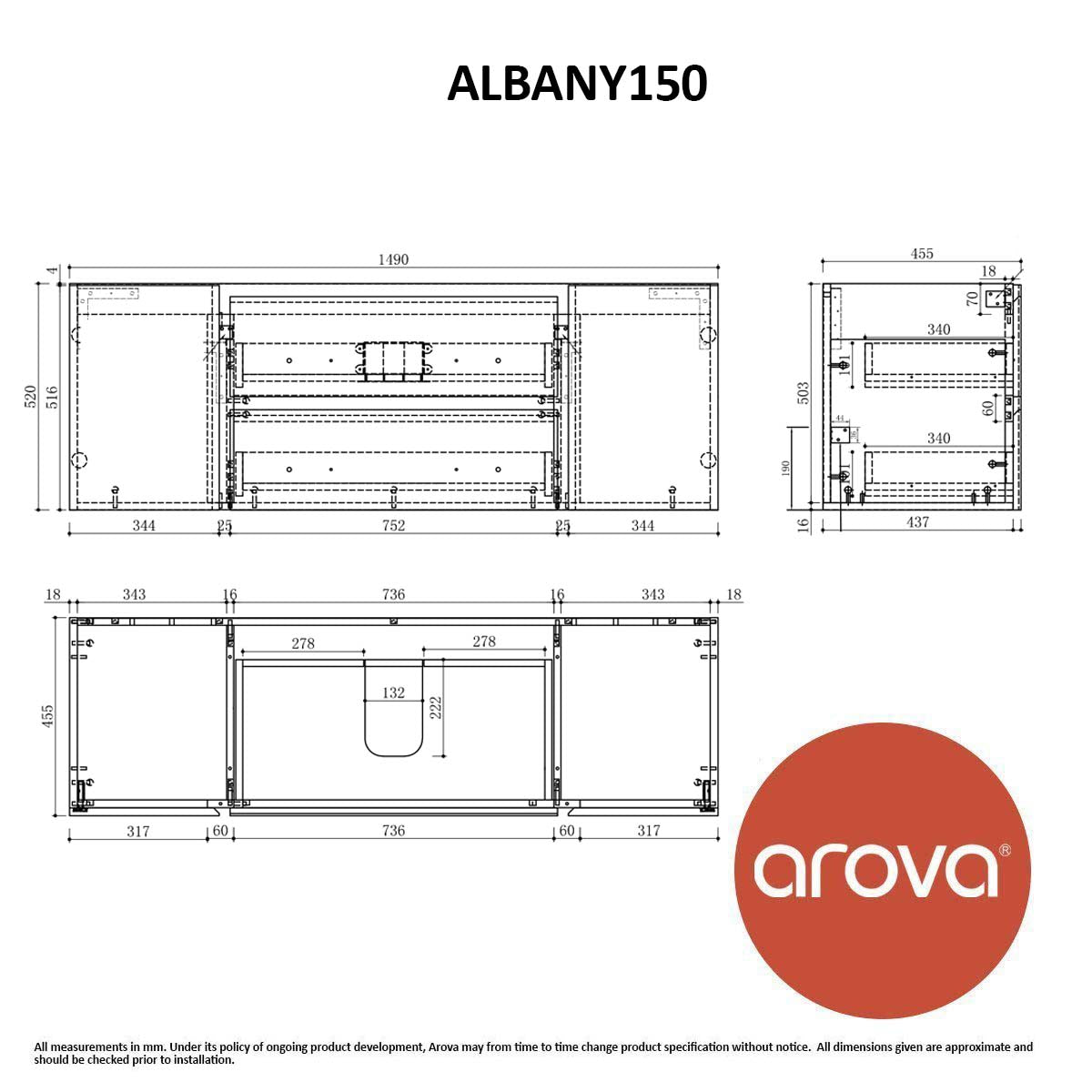 ALBANY 150cm Oak Timber Wall Hung Vanity Vanities & Mirrors Arova