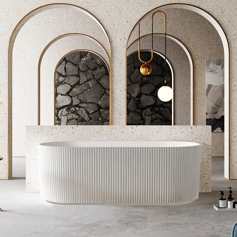 ARIA 1500mm V-Groove Fluted Back To Wall Free Standing Bathtub Matte White Baths AROVA