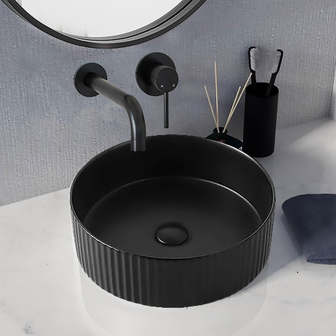 Athena 400mm Fluted Above Counter Basin Round Matte Black Basins Arova