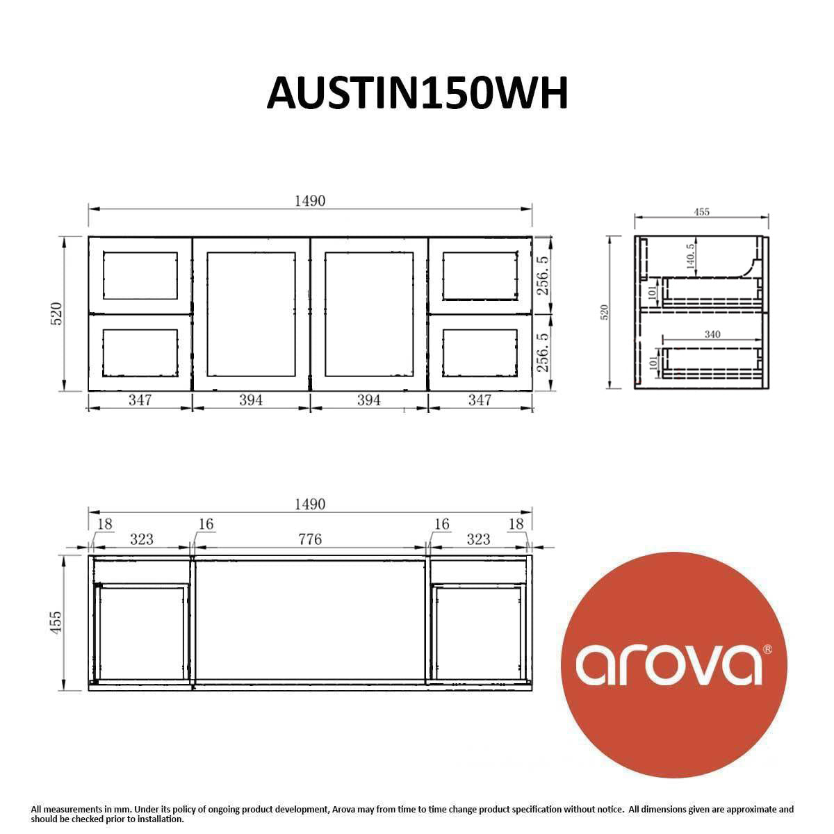 AUSTIN 150cm Wall Hung Bathroom Vanity Vanities & Mirrors Arova