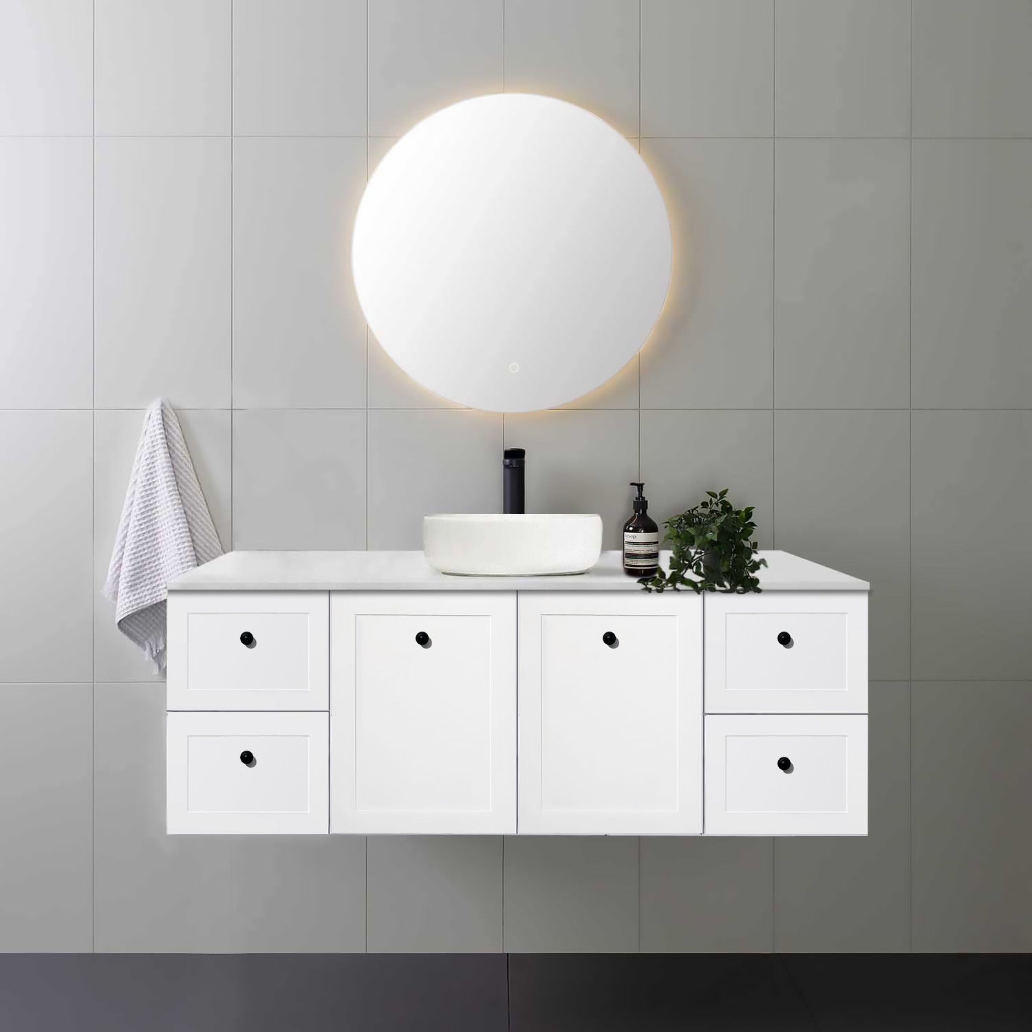 AUSTIN 150cm Wall Hung Bathroom Vanity Vanities & Mirrors Arova BLISS Speckled Stone Top CB1108N-Round Gloss White Basin