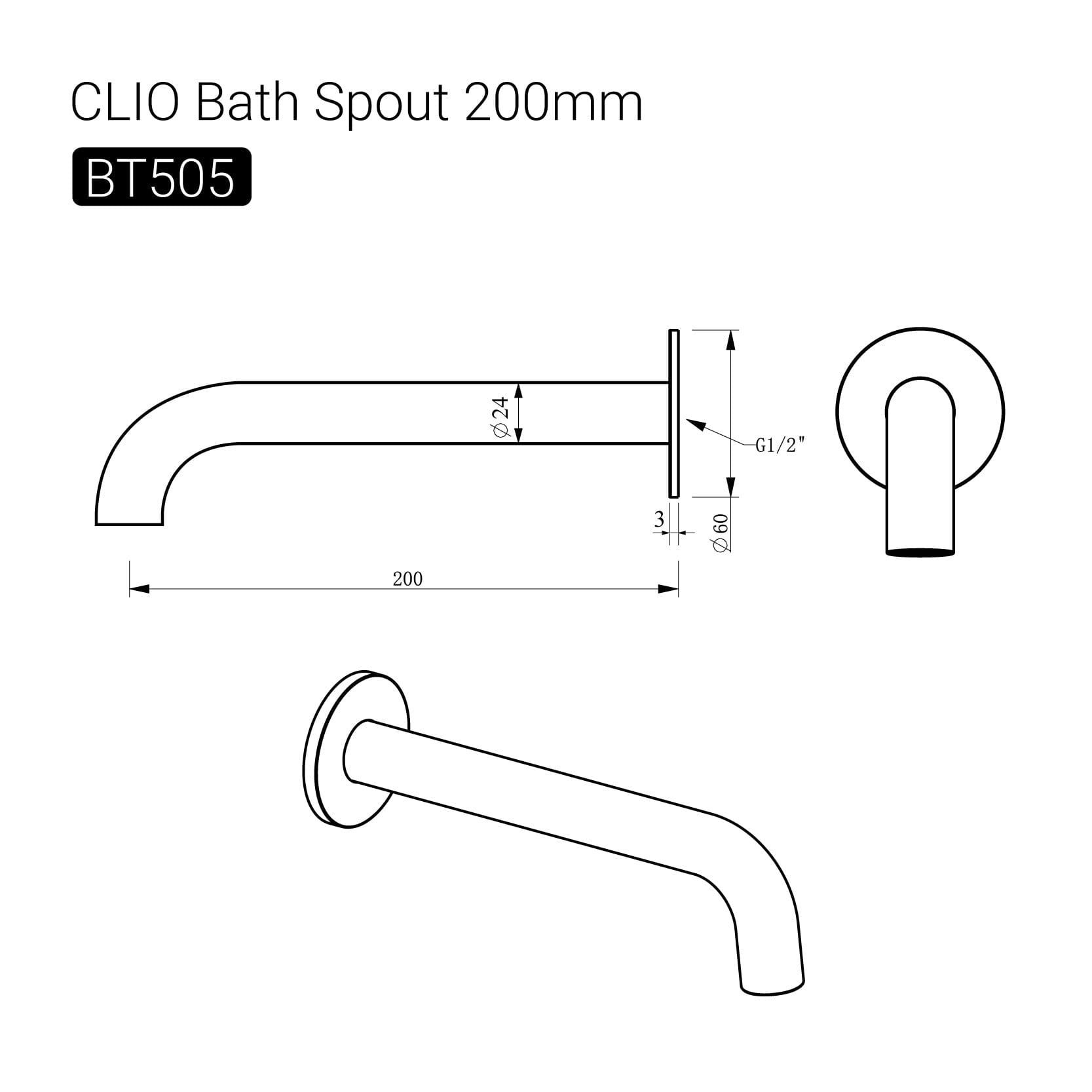 CLIO Bath Spout 200mm Brushed Nickel Tapware Arova