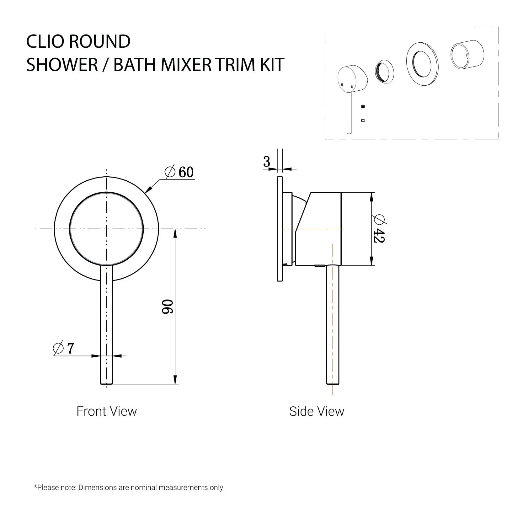CLIO Round Shower / Bath Mixer Trim Kit Chrome Tapware Arova