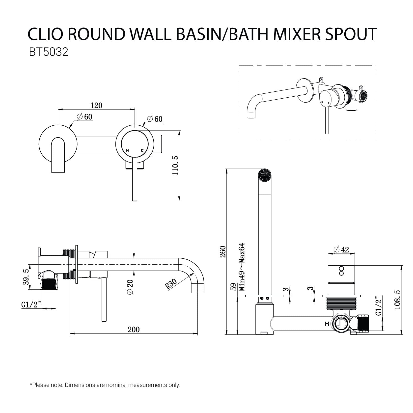 CLIO Round Wall Basin/Bath Mixer Spout Brushed Gold Tapware Arova