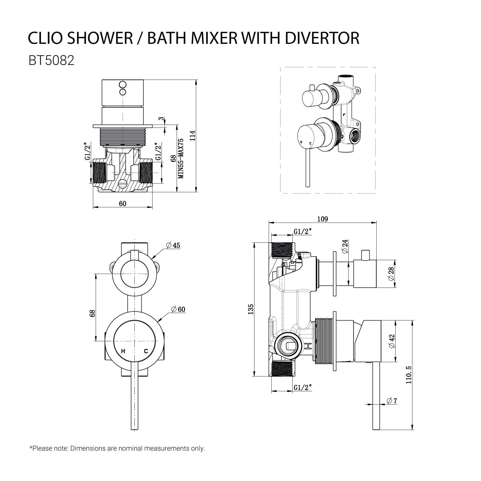 CLIO Shower / Bath Mixer with Divertor Matte Black AROVA