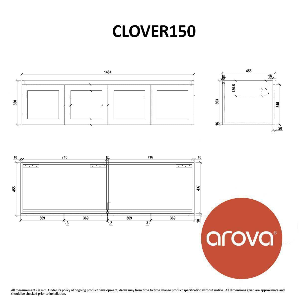 CLOVER 150cm Wall Hung Bathroom Vanity Vanities & Mirrors Arova