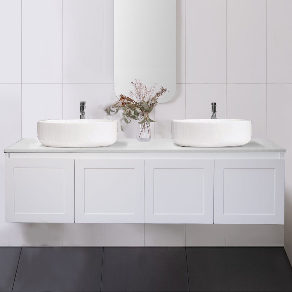 CLOVER 150cm Wall Hung Bathroom Vanity Vanities & Mirrors Arova BLISS Speckled Stone Top 2XCB1108N-Round Gloss White Basin