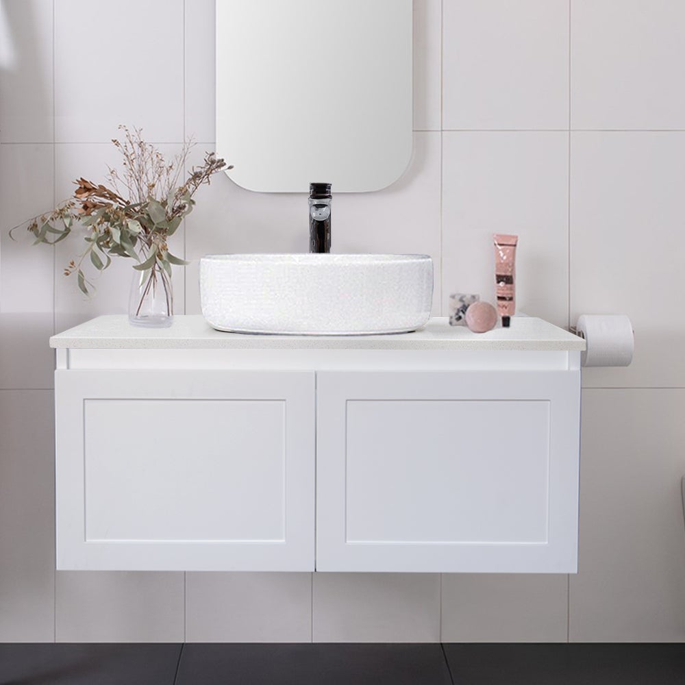 CLOVER 90cm Wall Hung Bathroom Vanity Vanities & Mirrors Arova BLISS Speckled Stone Top CB1108N-Round Gloss White Basin