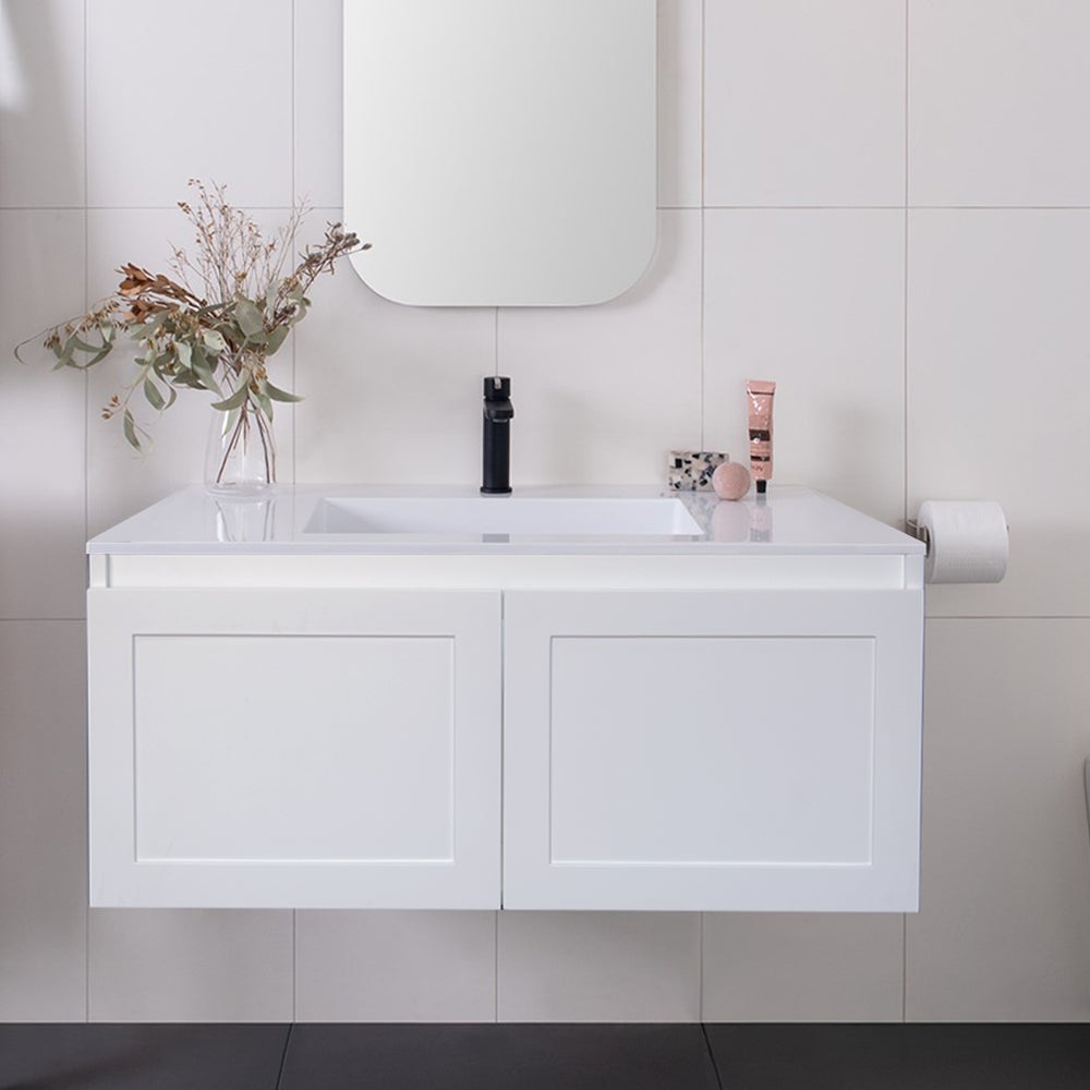 CLOVER 90cm Wall Hung Bathroom Vanity Vanities & Mirrors Arova Ceramic Top with Integrated Basin -