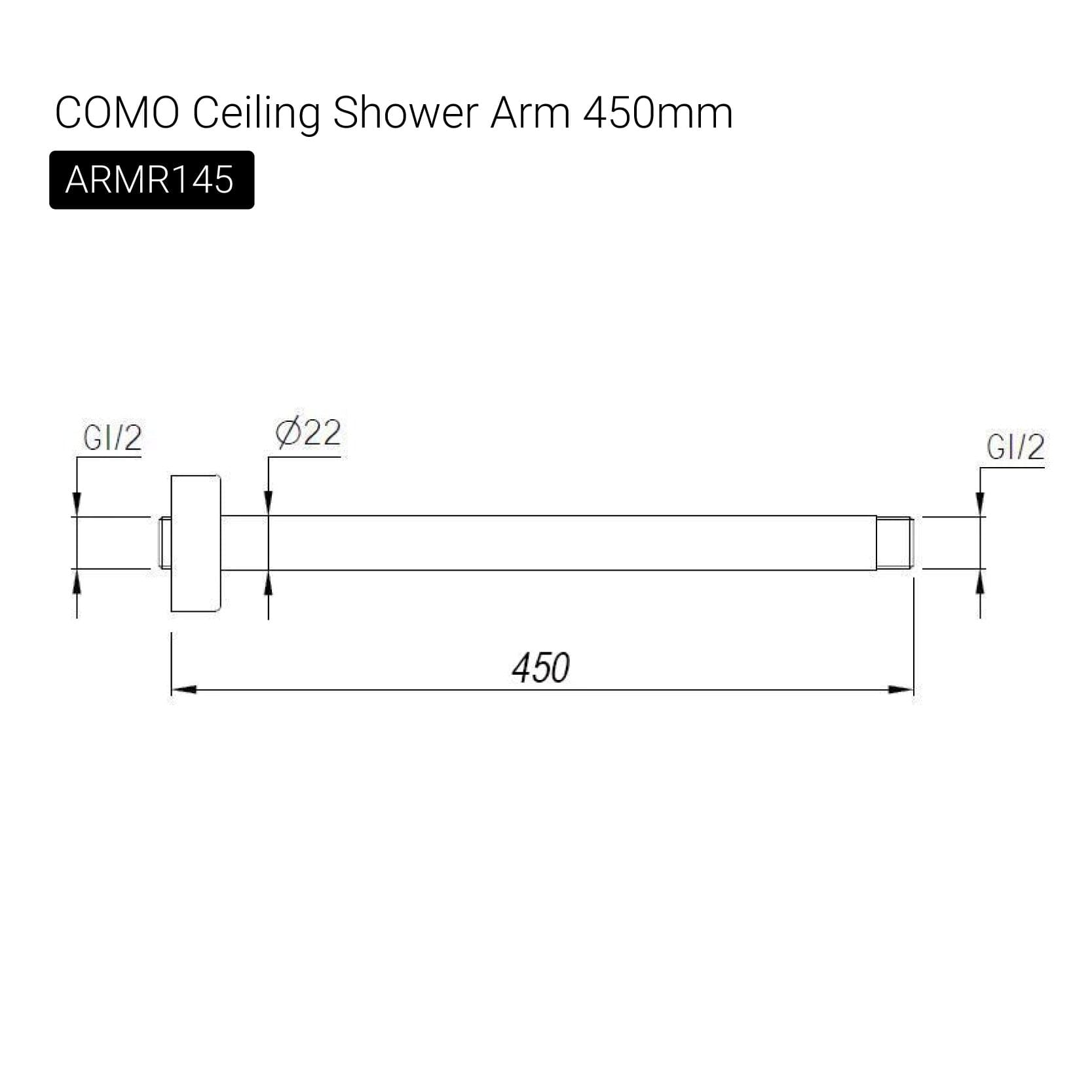 COMO Ceiling Shower Arm 450mm Brushed Gold Showers Arova